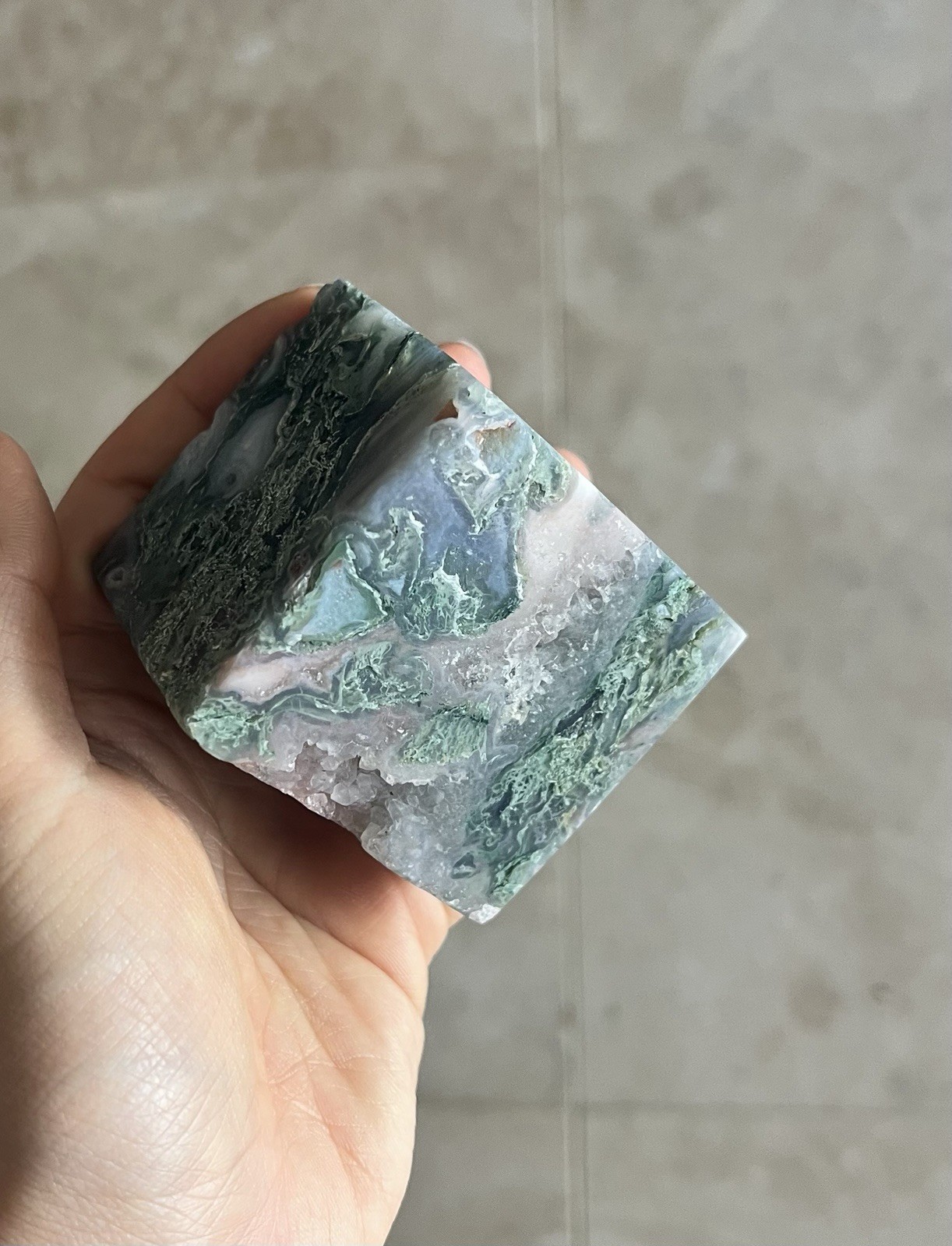 Natural Crystal Stone Polished Moss Agate Cube Green 12.7oz Rock Healing Garden