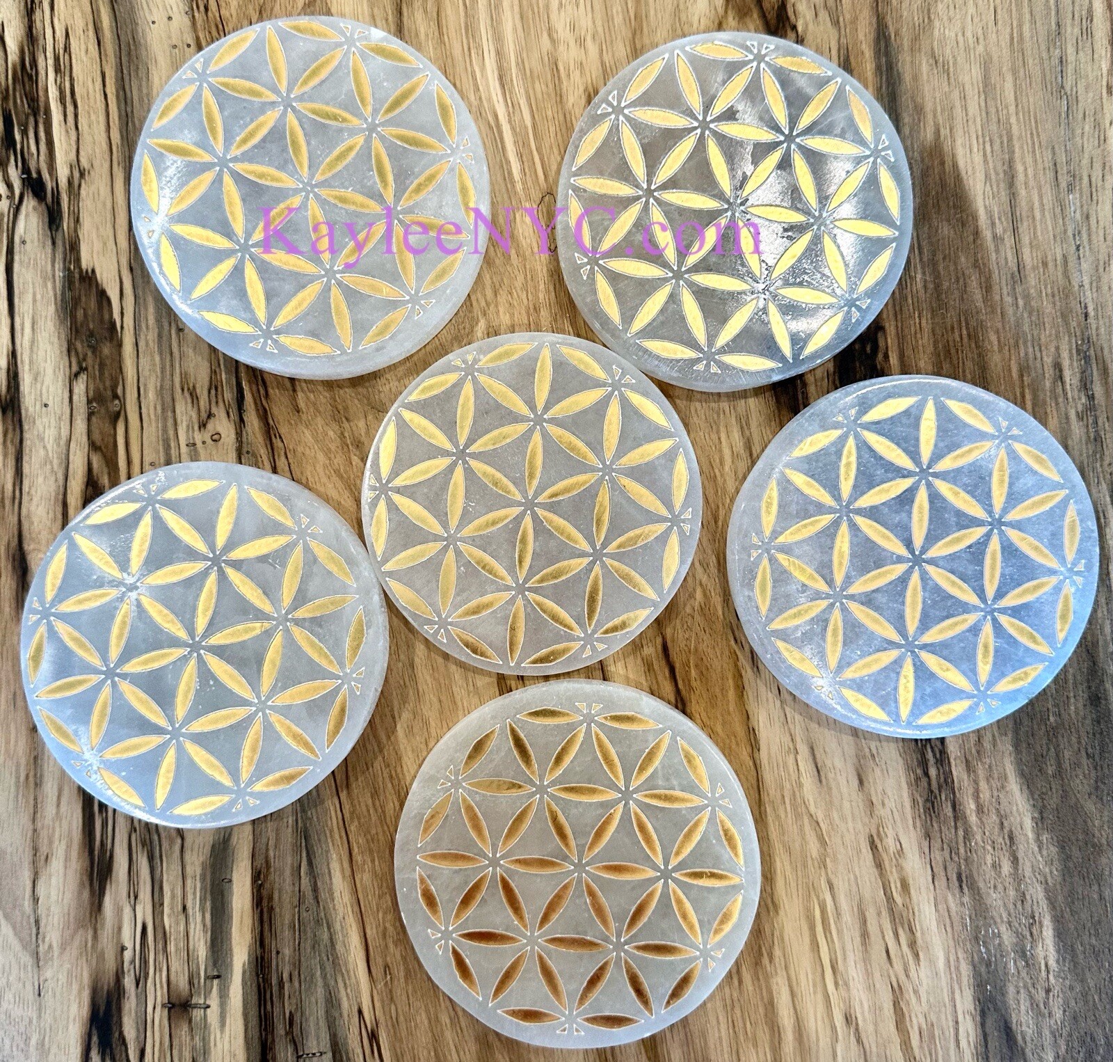 Wholesale 6 PCs Natural Selenite Satin Spar Flower Of Life charging Plate 10cm