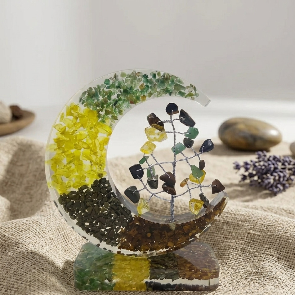Authentic Orgonite Moon Stand with Gemstone Chips, Lucky Moon Decor for Office