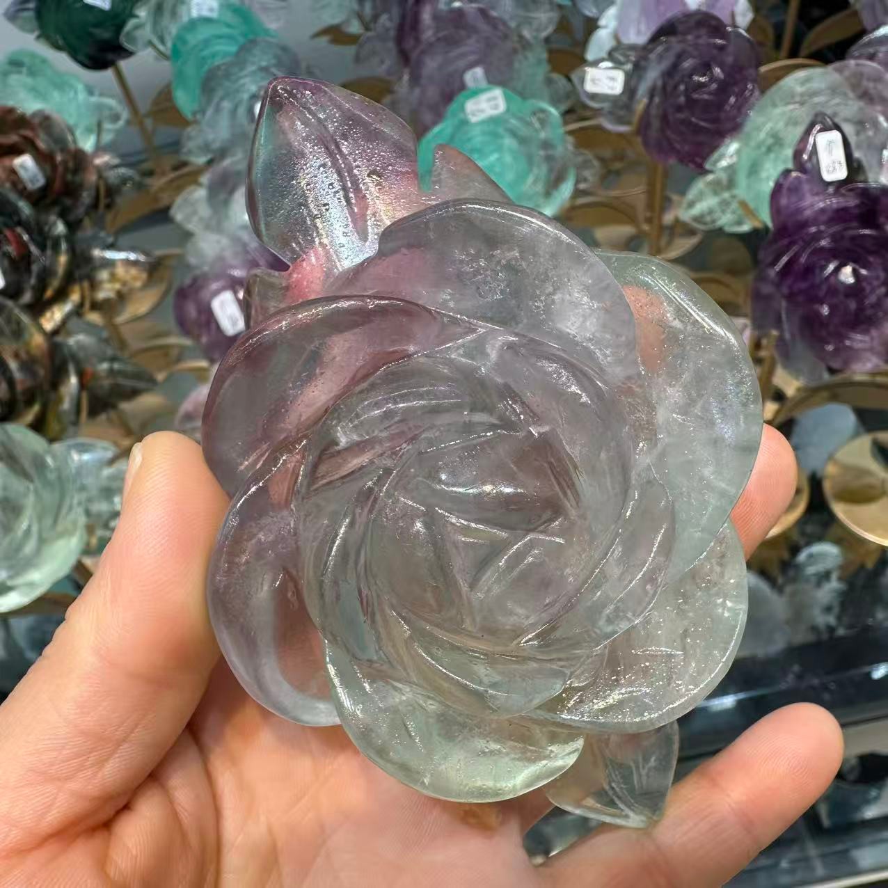 1pc Natural Fluorite Quartz Carved Flower Skull Crystal Reiki Healing Decor