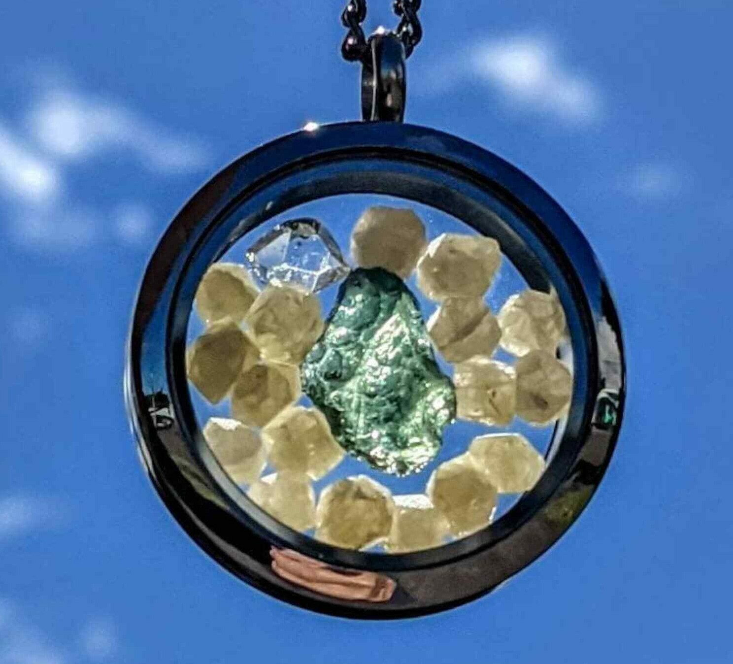 Moldavite & Herkimer Diamond Pendant / Rhodizite Crystals / Locket Necklace