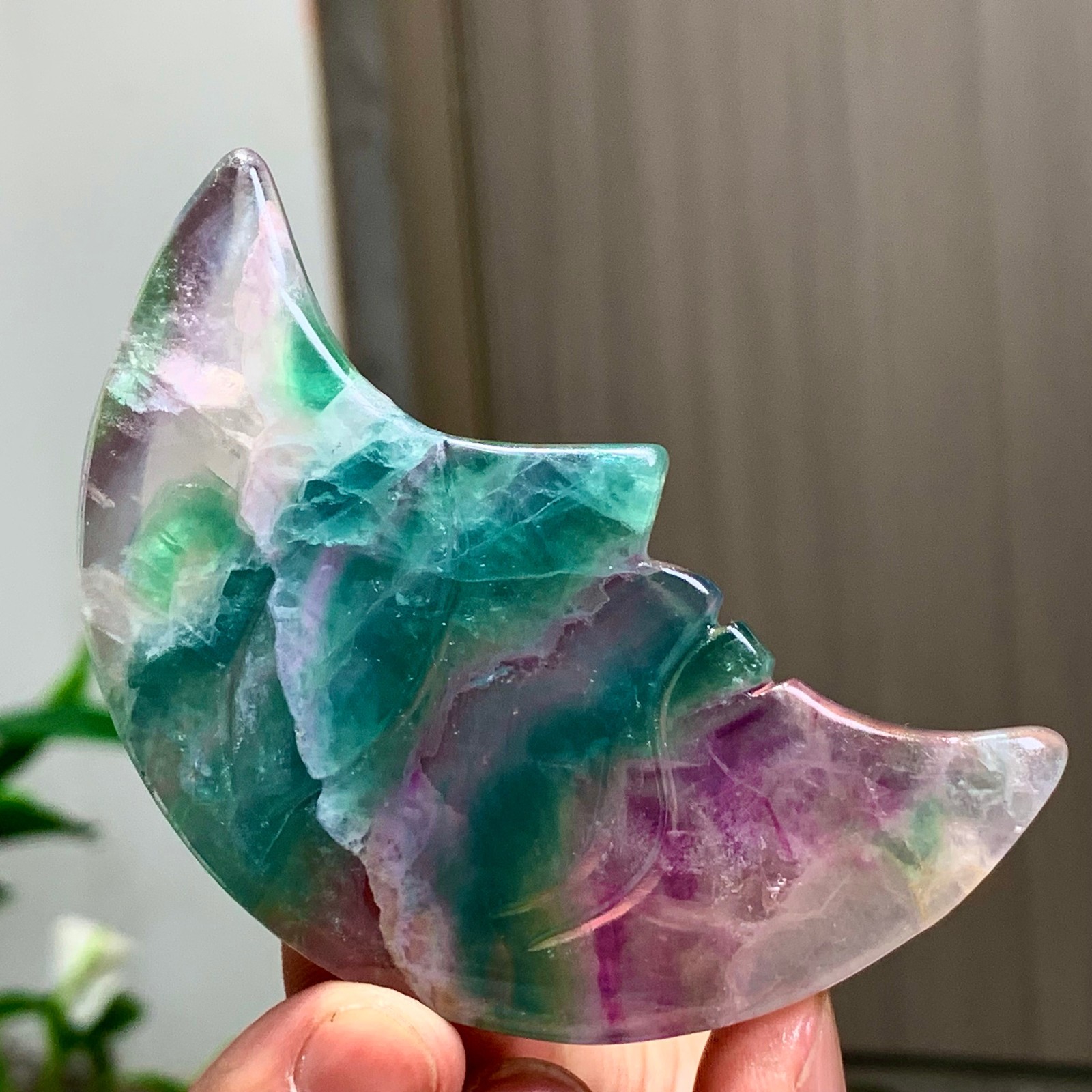 65G Rare colored fluorite crystal, hand carved moon mineral, polished