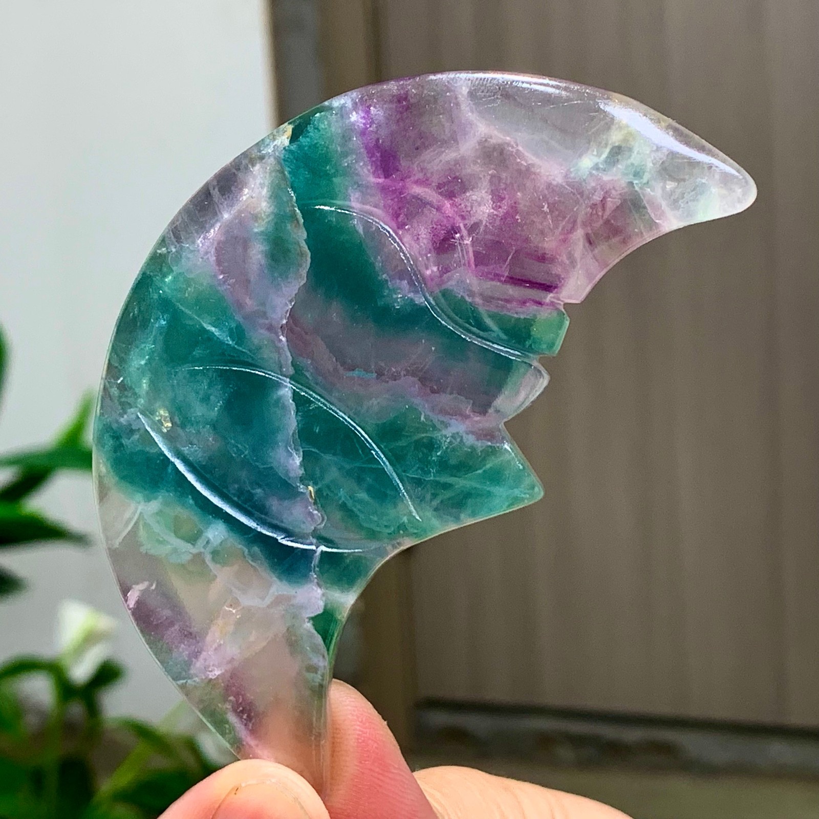 65G Rare colored fluorite crystal, hand carved moon mineral, polished