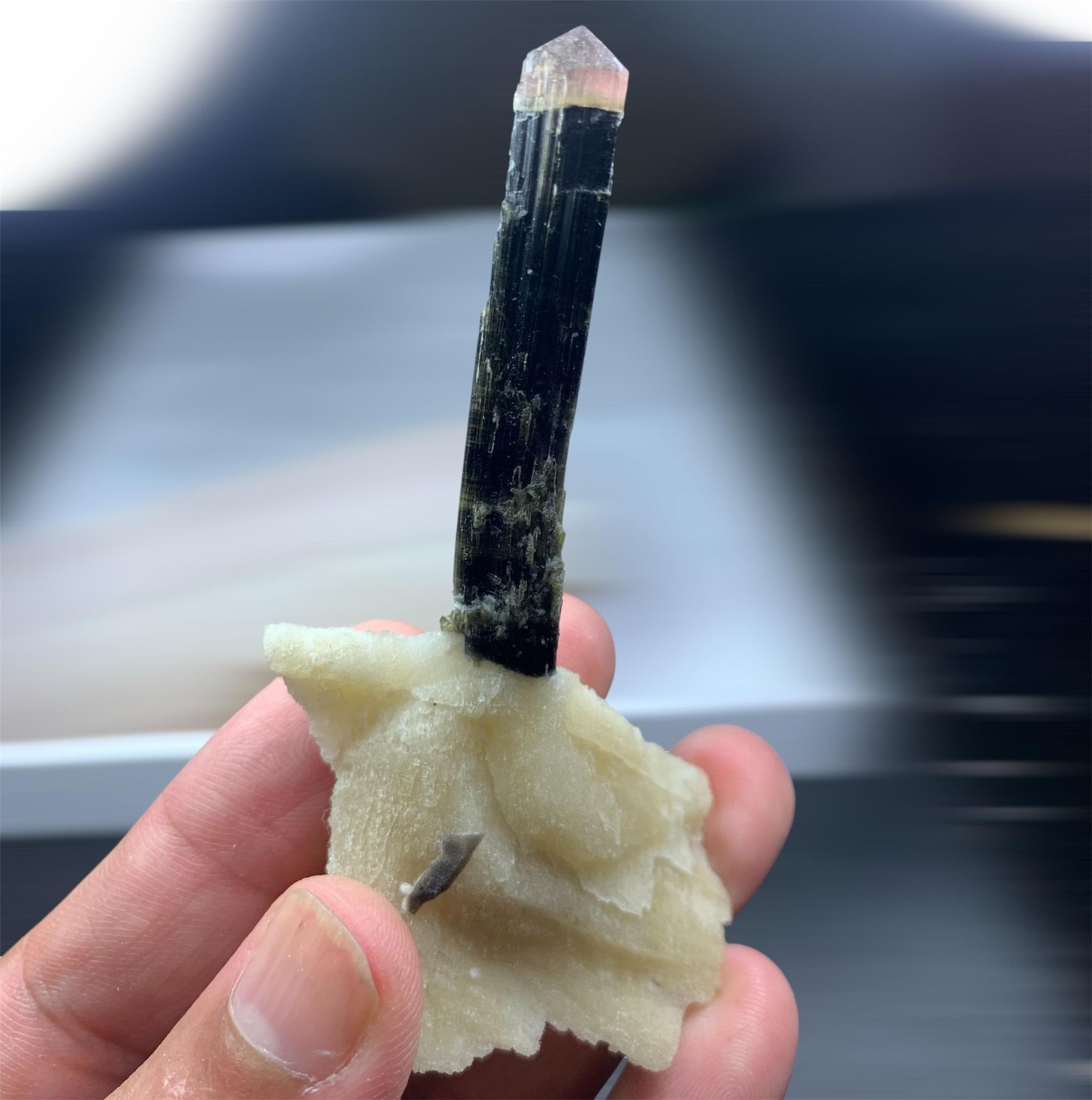 Pink Cap TOURMALINE Crystal on Matrix with Smoky Quartz- 29 Grams , 9 cm