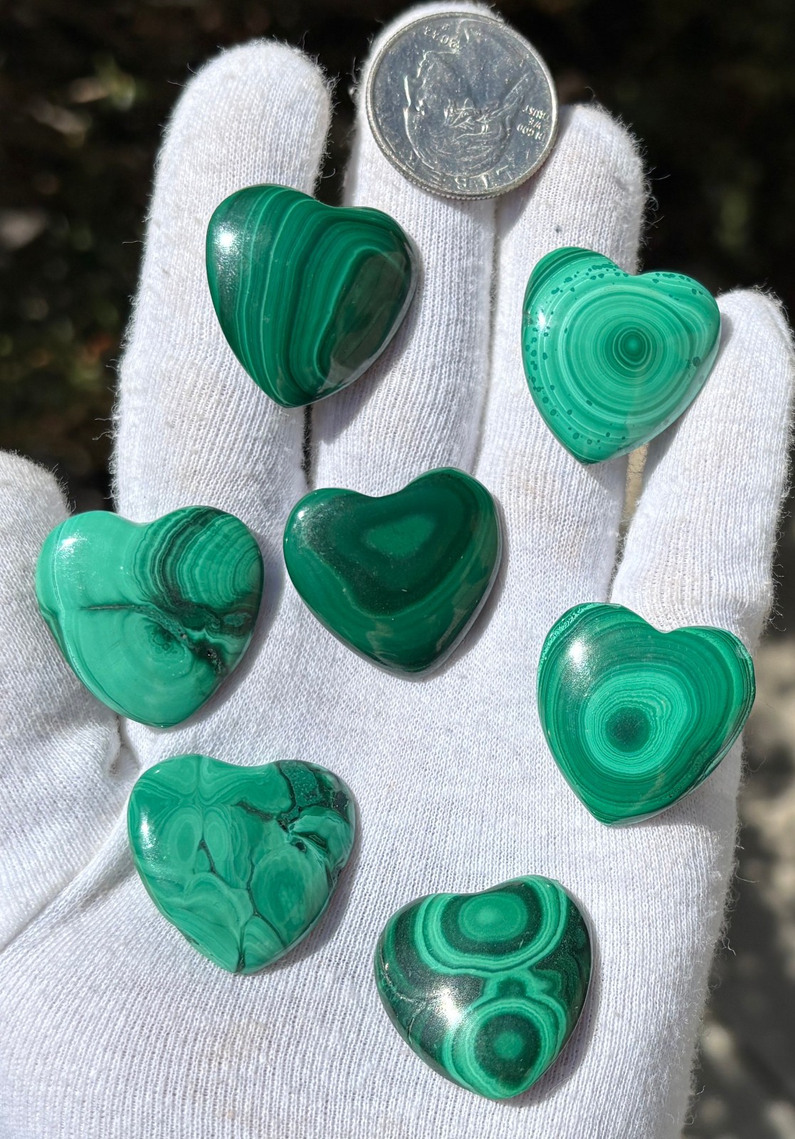 USA SALE 67g LOT 7 MALACHITE POLISHED SMALL HEARTS HEART POCKET PALMSTONE PALM