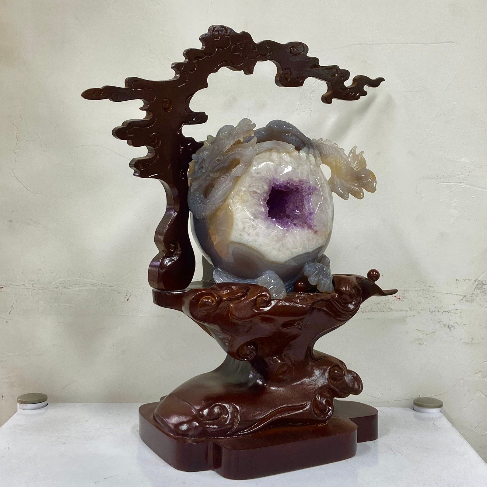 6.3LB Rare Natural Uruguay Amethyst Geode Quartz Crystal agate Carved Dragon