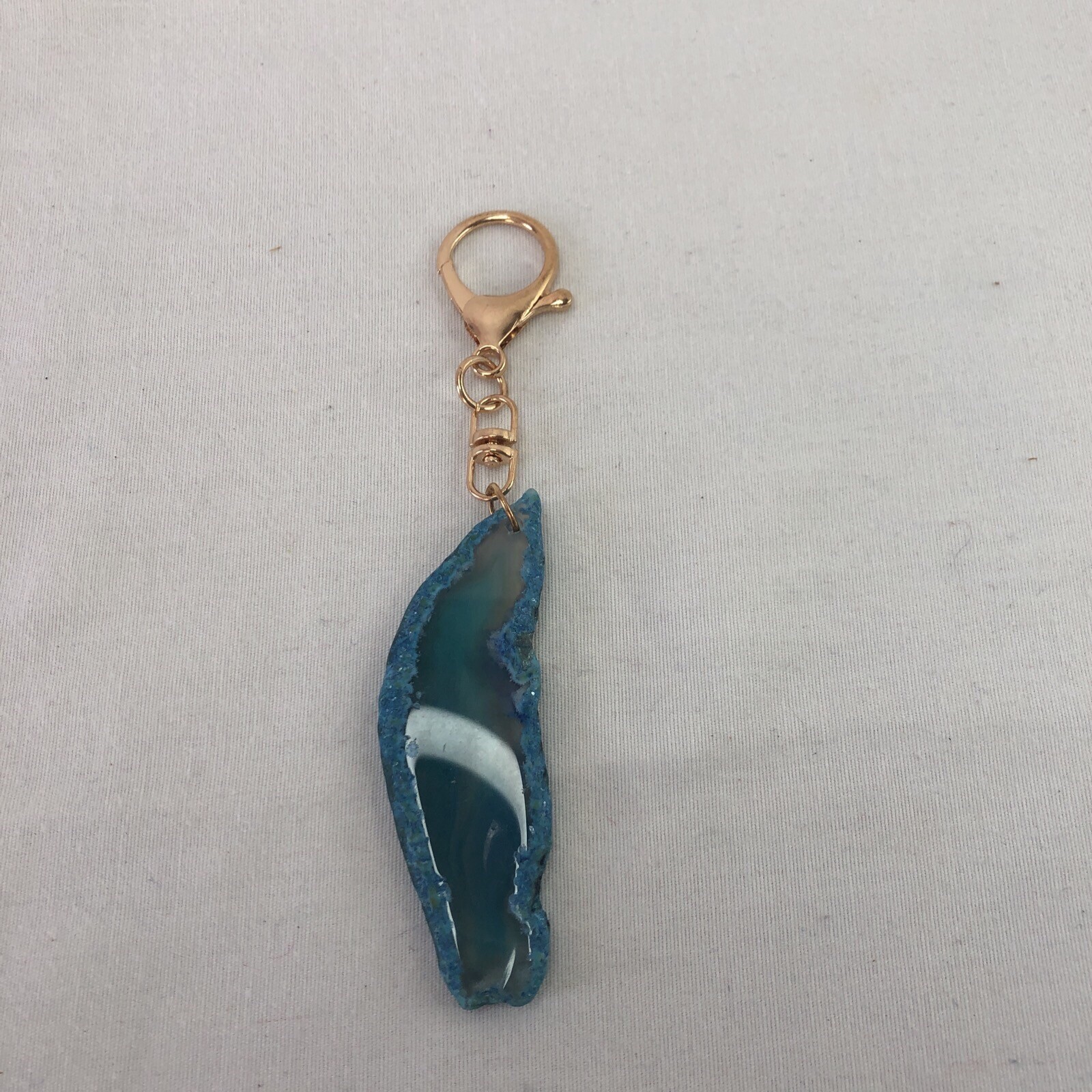 Gorgeous Blue Agate Slice Gemstone Keychain Rose Gold Lobster Claw Clip 3″