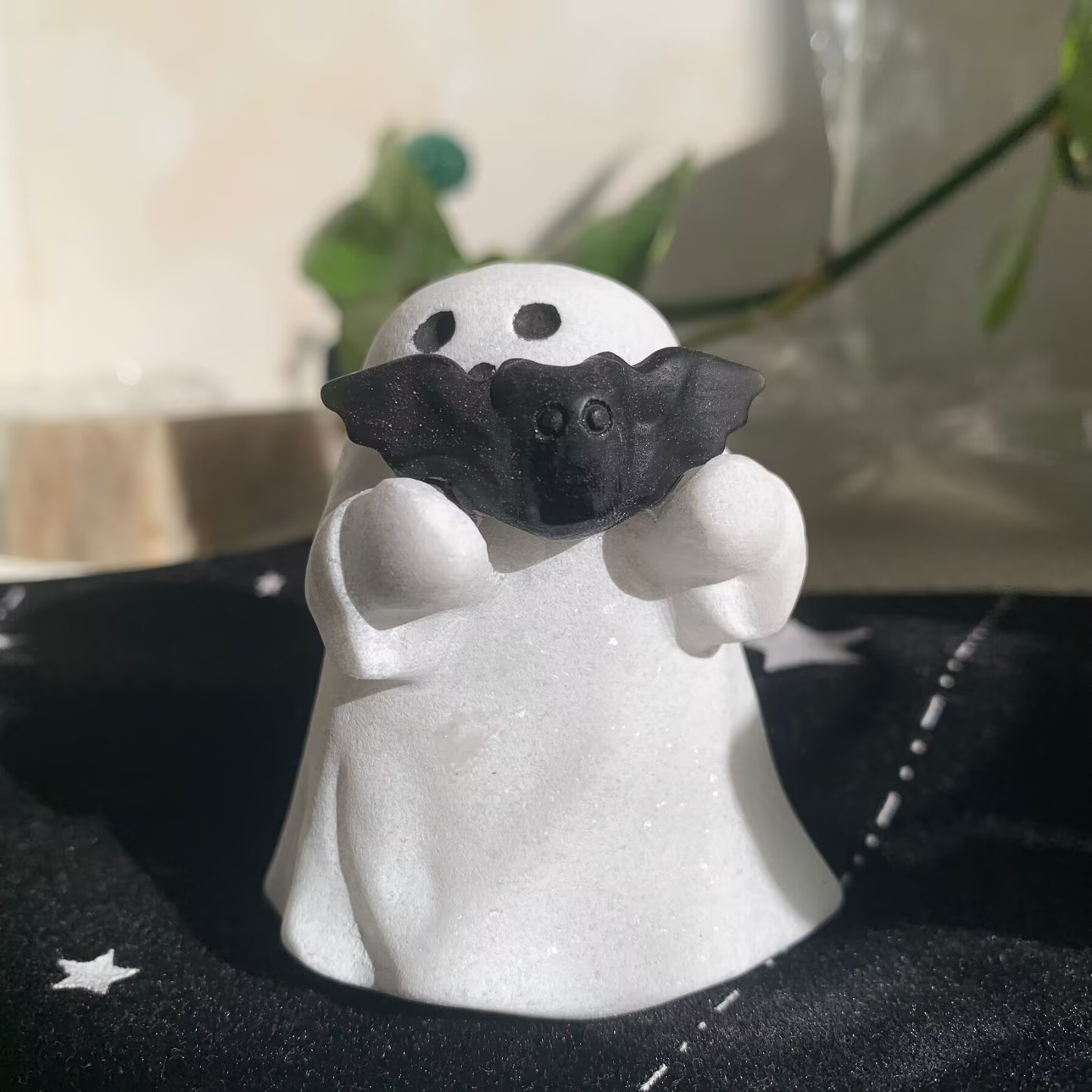 165g White Jade Ghost With Obsidian Bat Crystal Healing Halloween Gift Decor