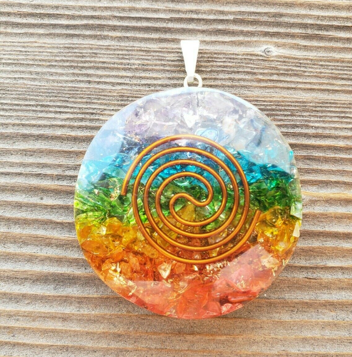 ORGONE 7 CHAKRA LAYERED ROUND (TYPE 2) GEMSTONE ROUND PENDANT ORGONITE (ONE)