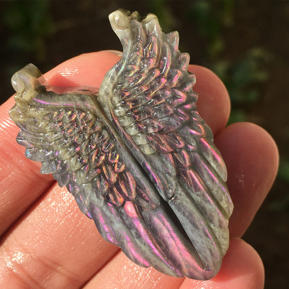 1PCS Natural Purple Labradorite Quartz Hand carved Wing Crystal Reiki healing##