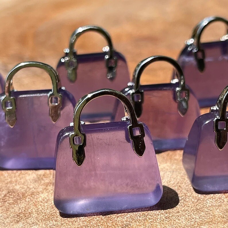 Natural Fluorite Purse , Small Crystal Carving Purple Fluorite Bag W/handles