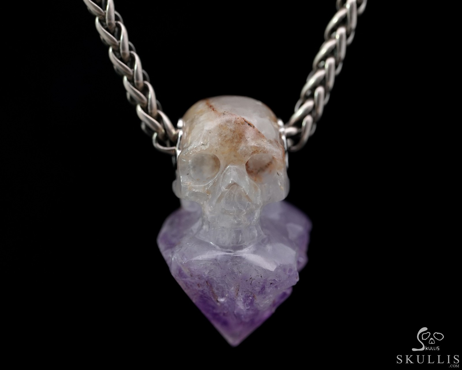 Gemstone Necklace of 1.0″ Spirit Amethyst Hand Carved Crystal Skull Pendant