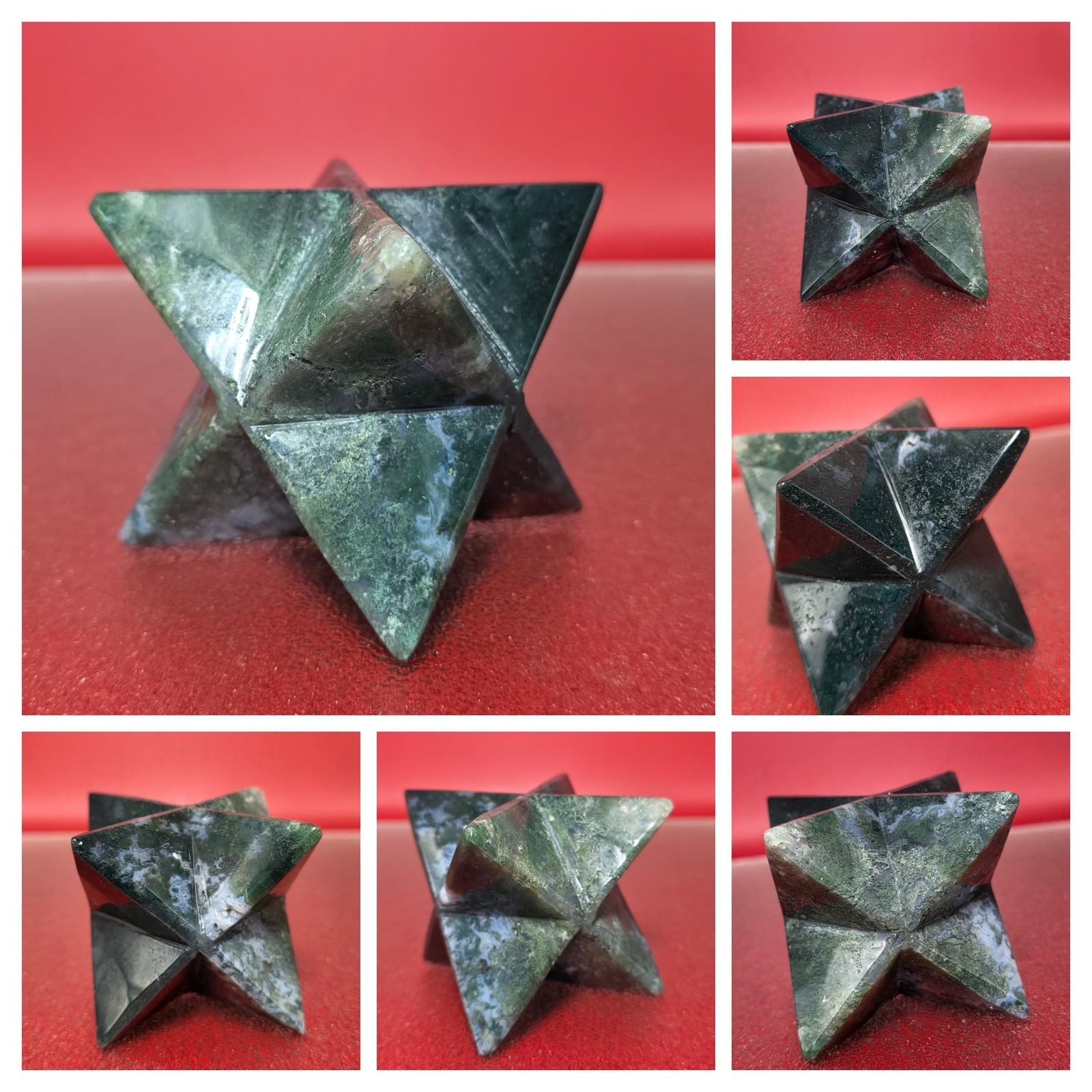360g Moss Agate 8 Point Merkaba Star Carving Crystal Sacred Geometry Healing