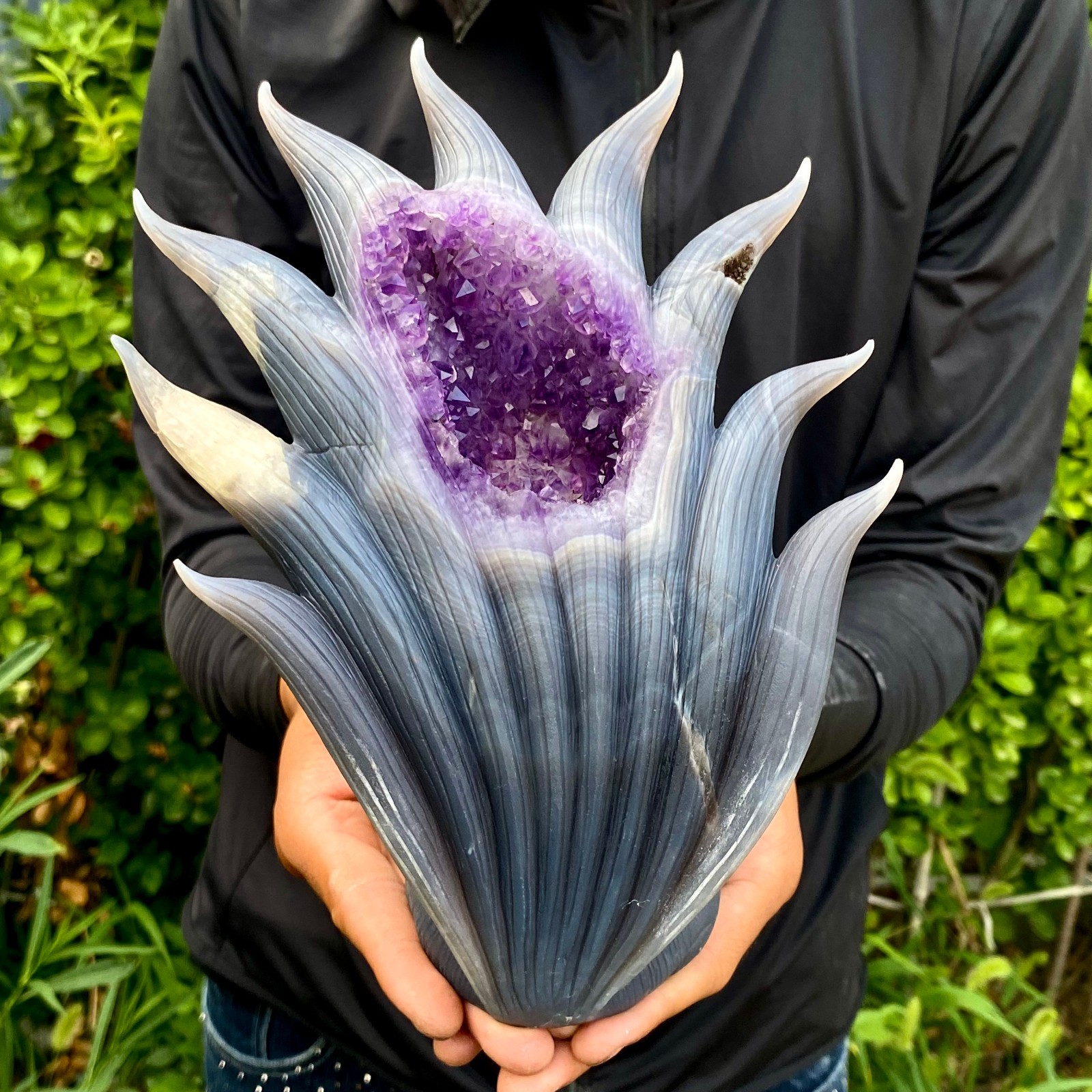 3.99LB Natural Agate Geode Hand Carved Nine-tailed Fox Quartz Crystal Decor