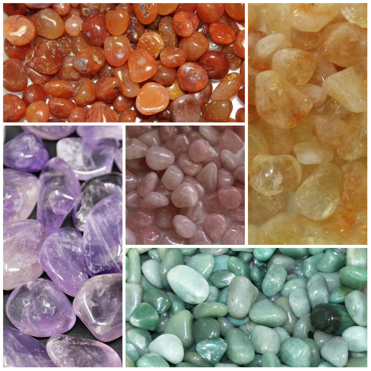 Lot of 5 Tumbled Stones: Citrine, Amethyst, Aventurine, Carnelian & Rose Quartz