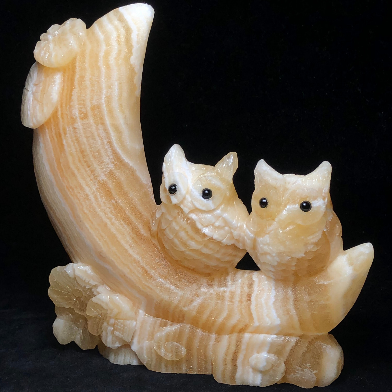 Natural quartz crystal cluster mineral specimen calcite hand-carved moon owl.