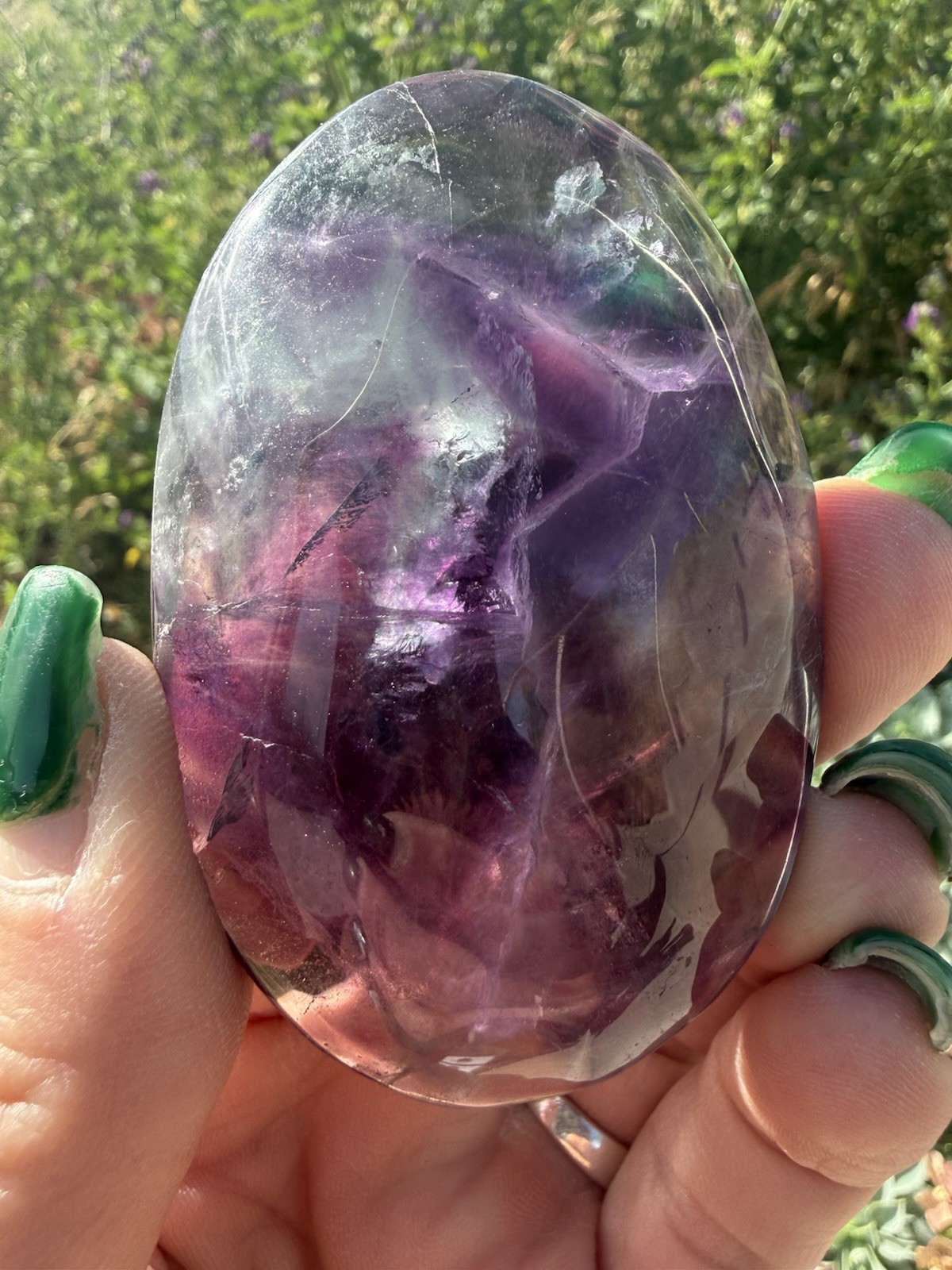 Natural Rainbow Fluorite Palm Stone Polished Crystal Purple Green Healing Stone