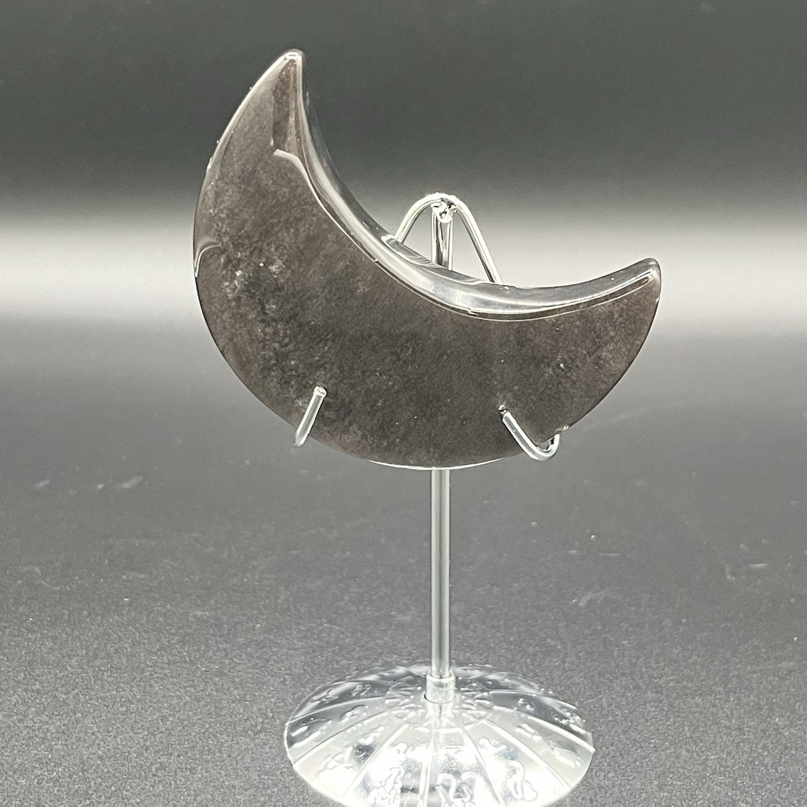 Silver Sheen Obsidian Carved Moon w/Stand – Black Silver 3.4 in x 2.6 in 118g