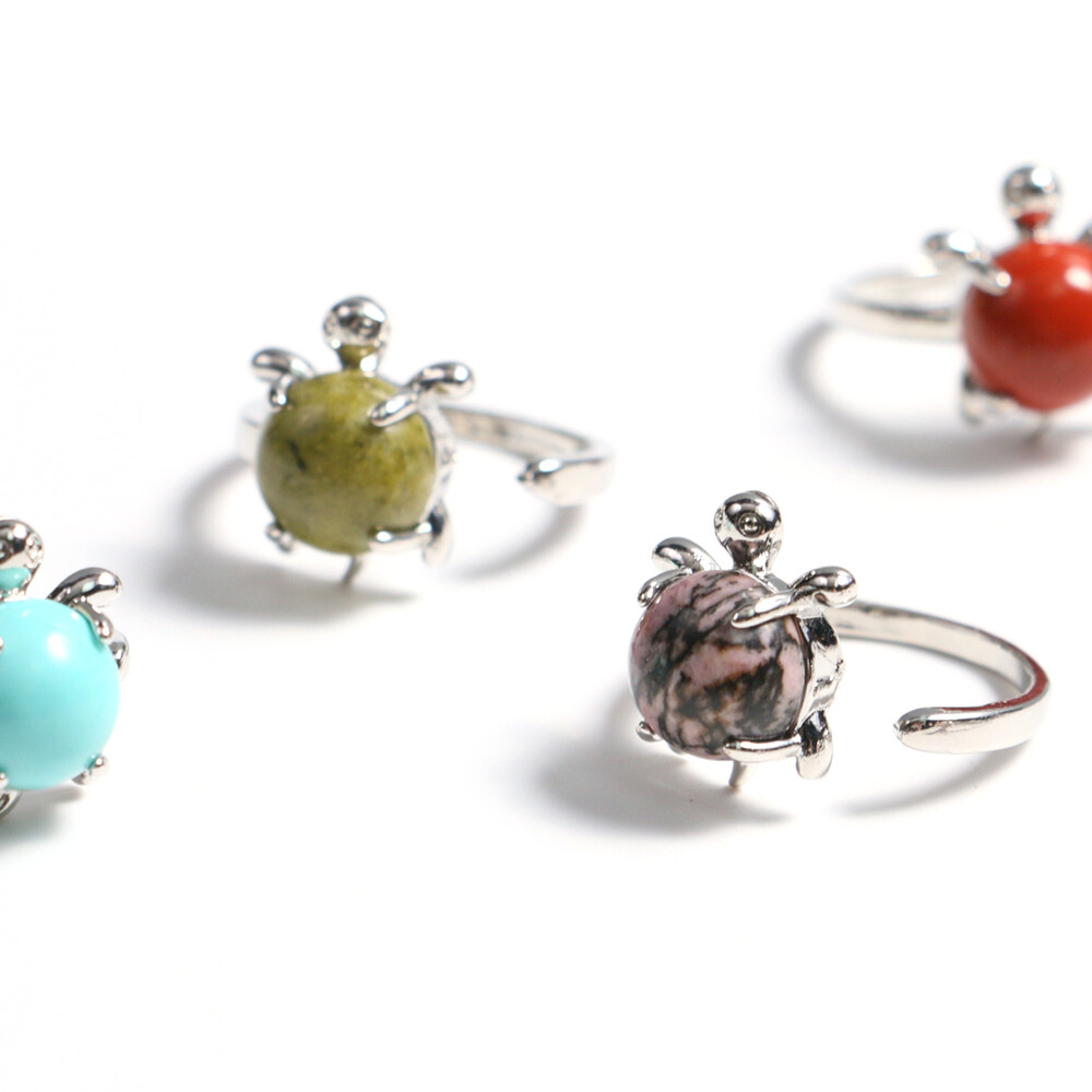 Mini Turtle Ring Natural Crystal Stone Chakra Quartz Round Bead Healing Reiki