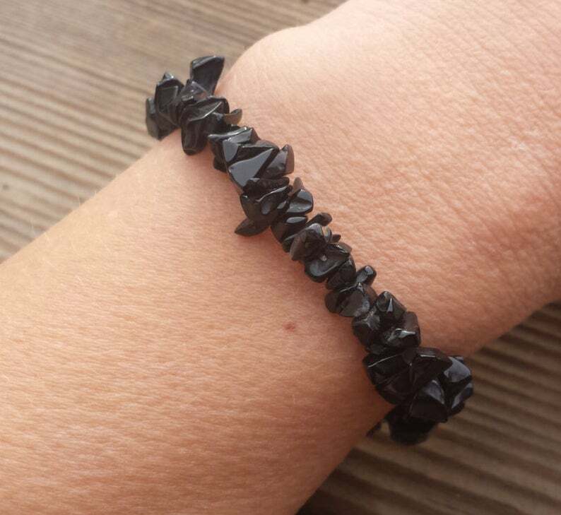 NATURAL ONYX STONE GEMSTONE STRETCHY CHIP BRACELET
