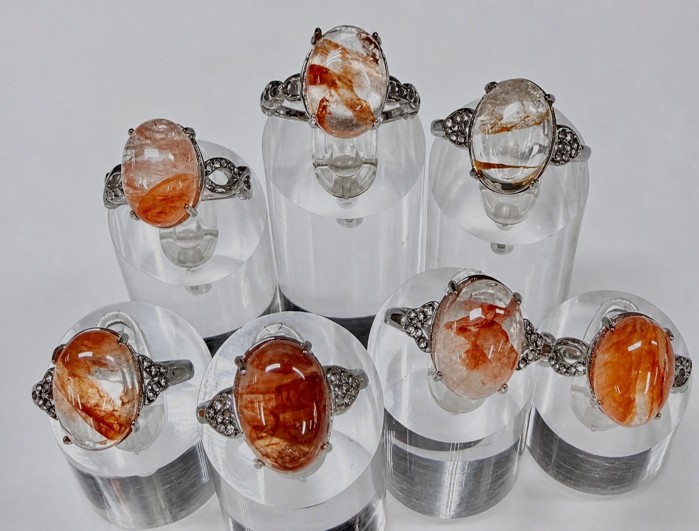 Wholesale 7 Pcs Natural Hematoid (Fire Quartz) Stainless Steel Rings 10x14mm