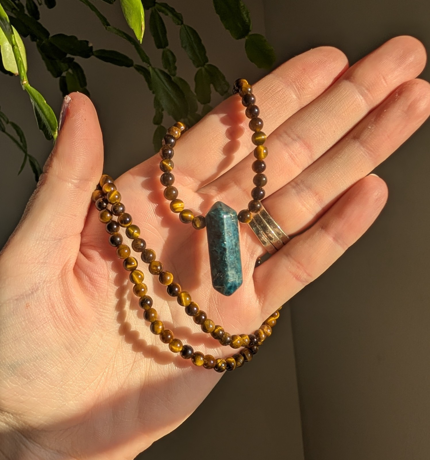 Blue Apatite Necklace With Tigers Eye Gemstone Beads Adjustable 22 Inch