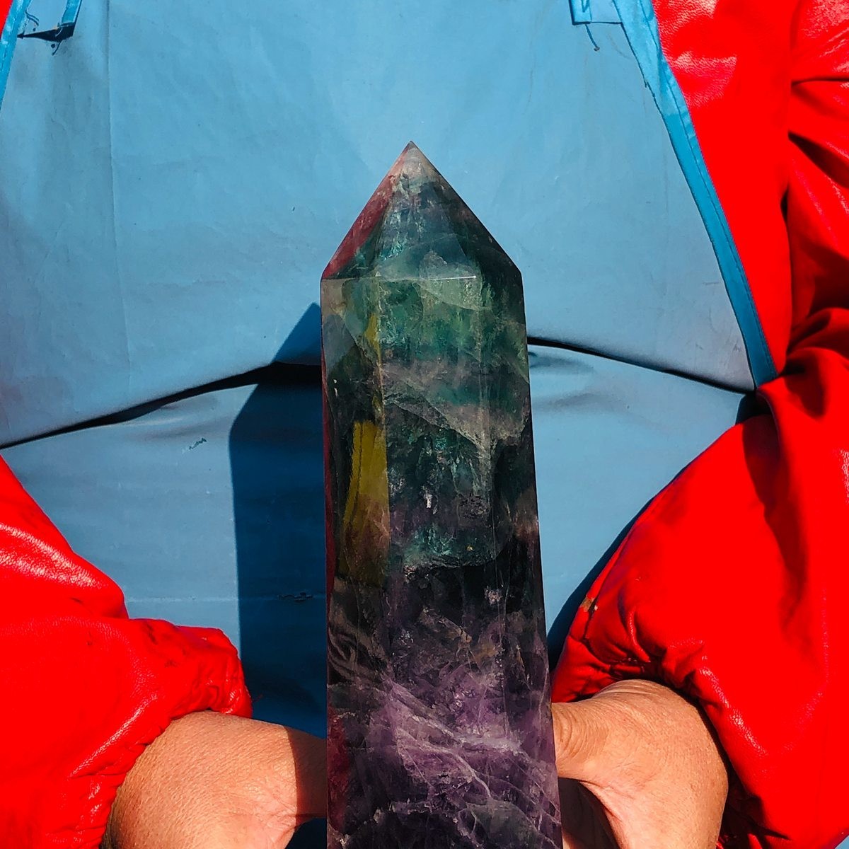 2pc 7.59LB Natural color fluorite obelisk quartz crystal energy column healing