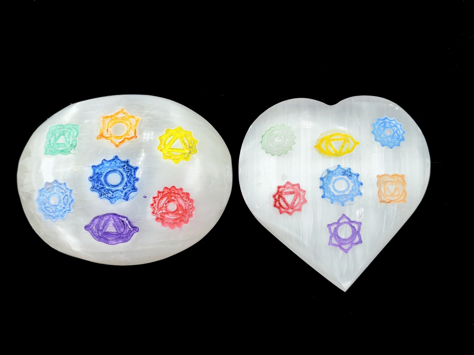 Natural Selenite Crystal Seven Chakra Oval Palm Stone & Heart Shape Size 2.5″