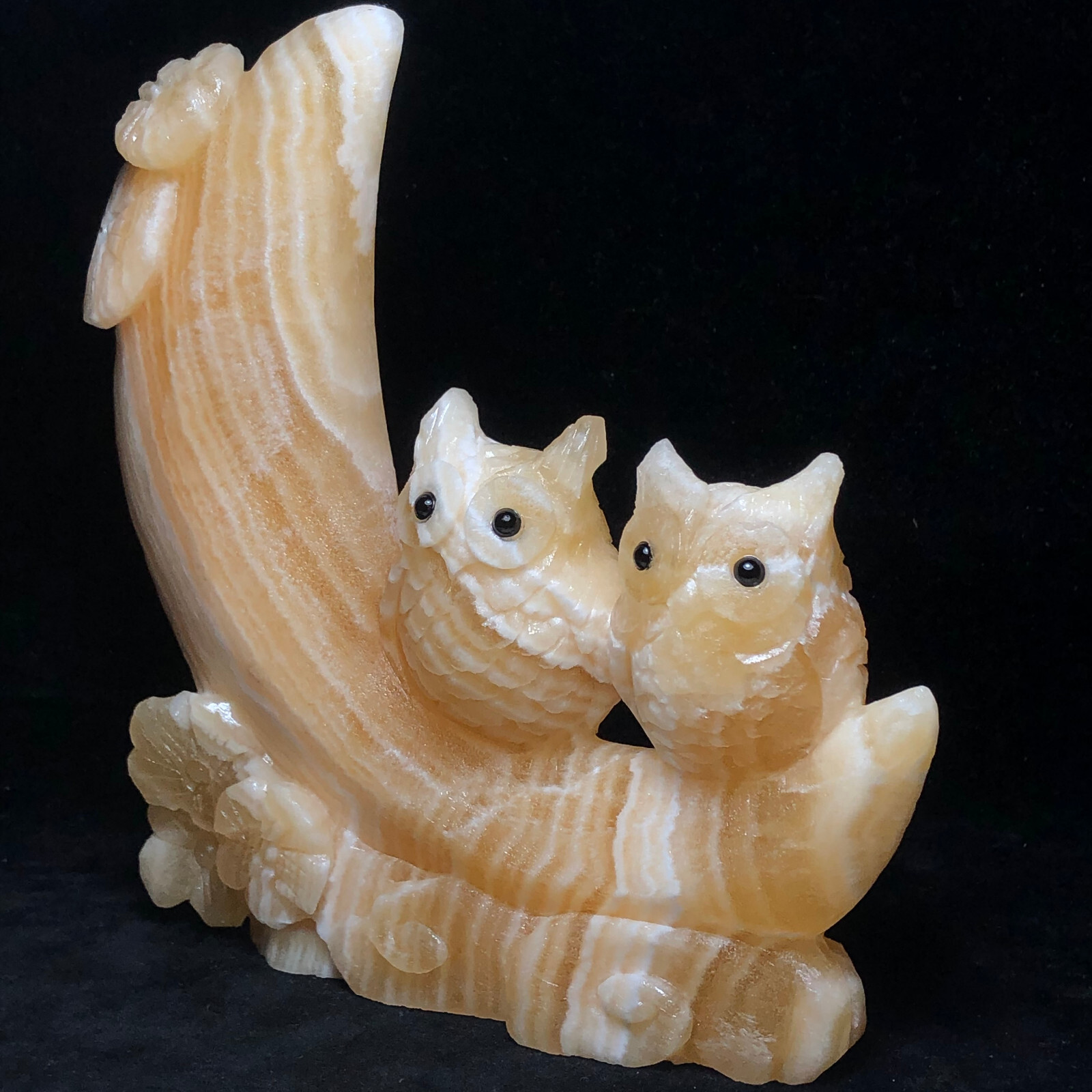 Natural quartz crystal cluster mineral specimen calcite hand-carved moon owl.
