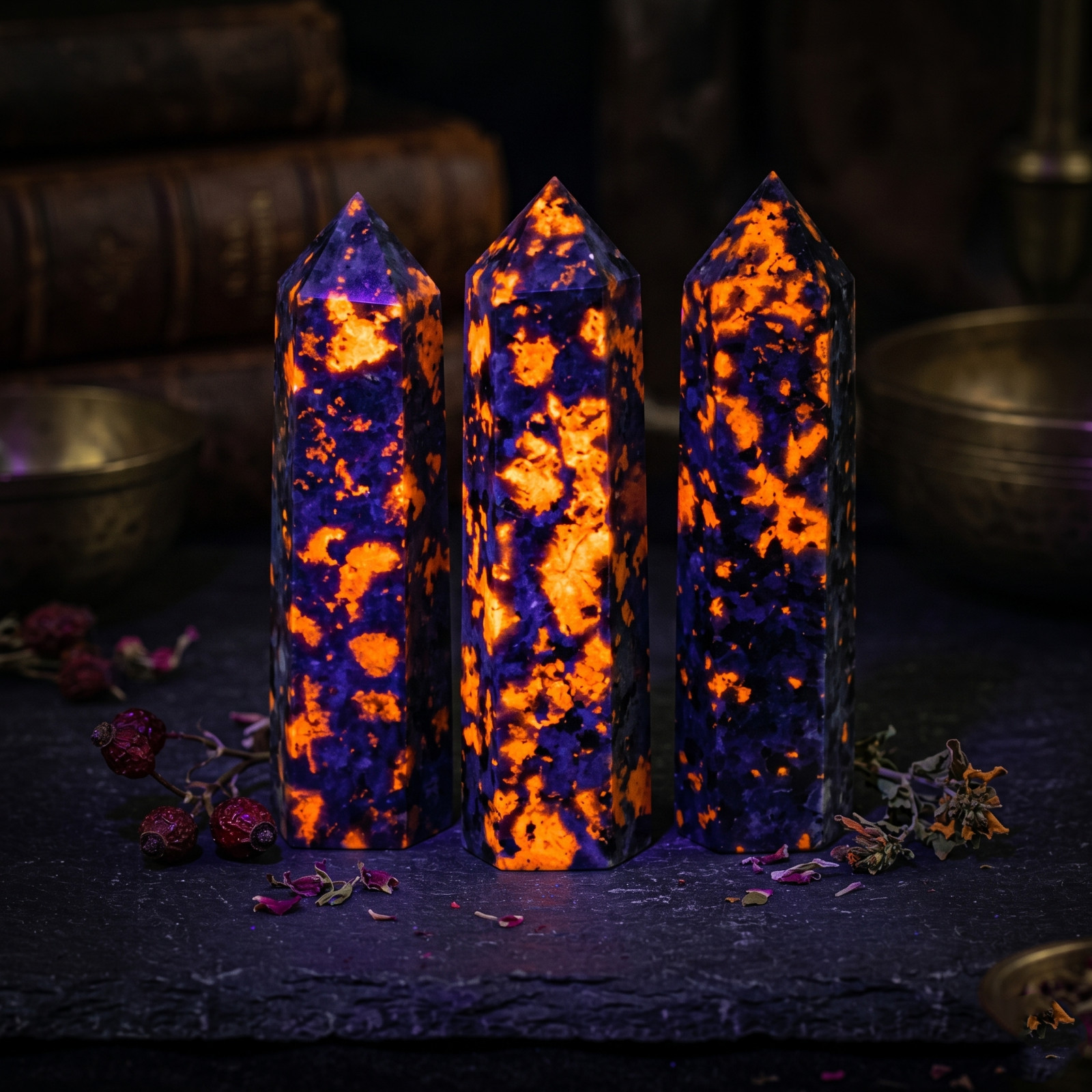 UV Reactive Yooperlite Crystal Tower 8-9cm Natural Flame Glow Healing Wand