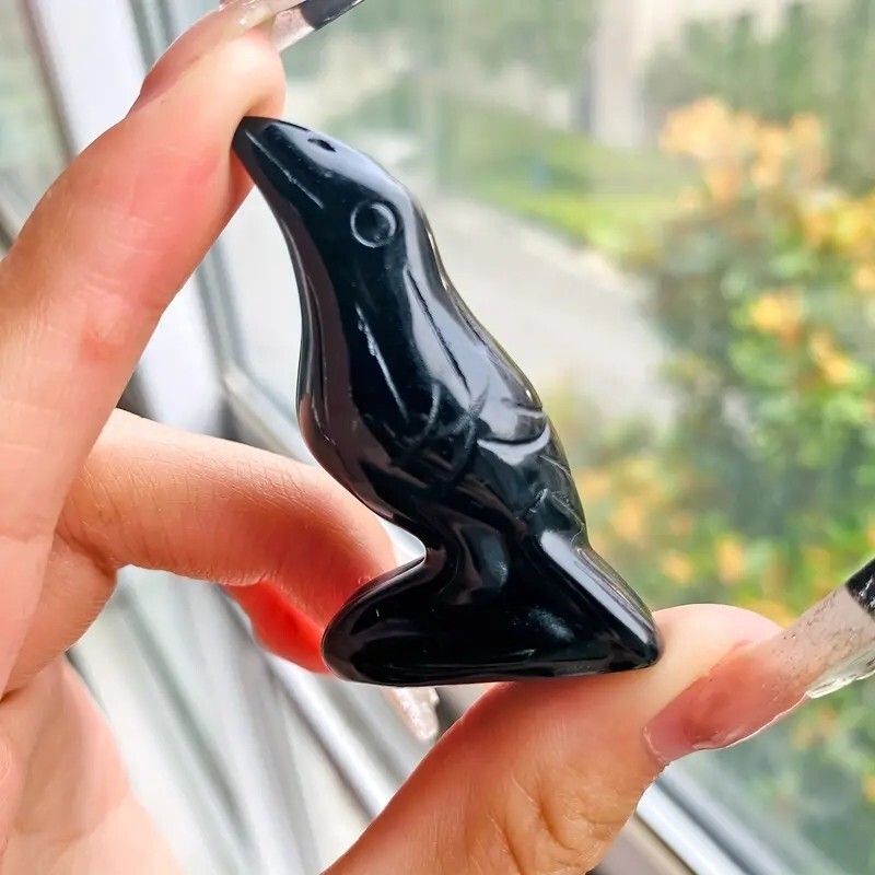 Hand Carved Black Obsidian Crow Crystal Figurines Healing Mineral Specimen