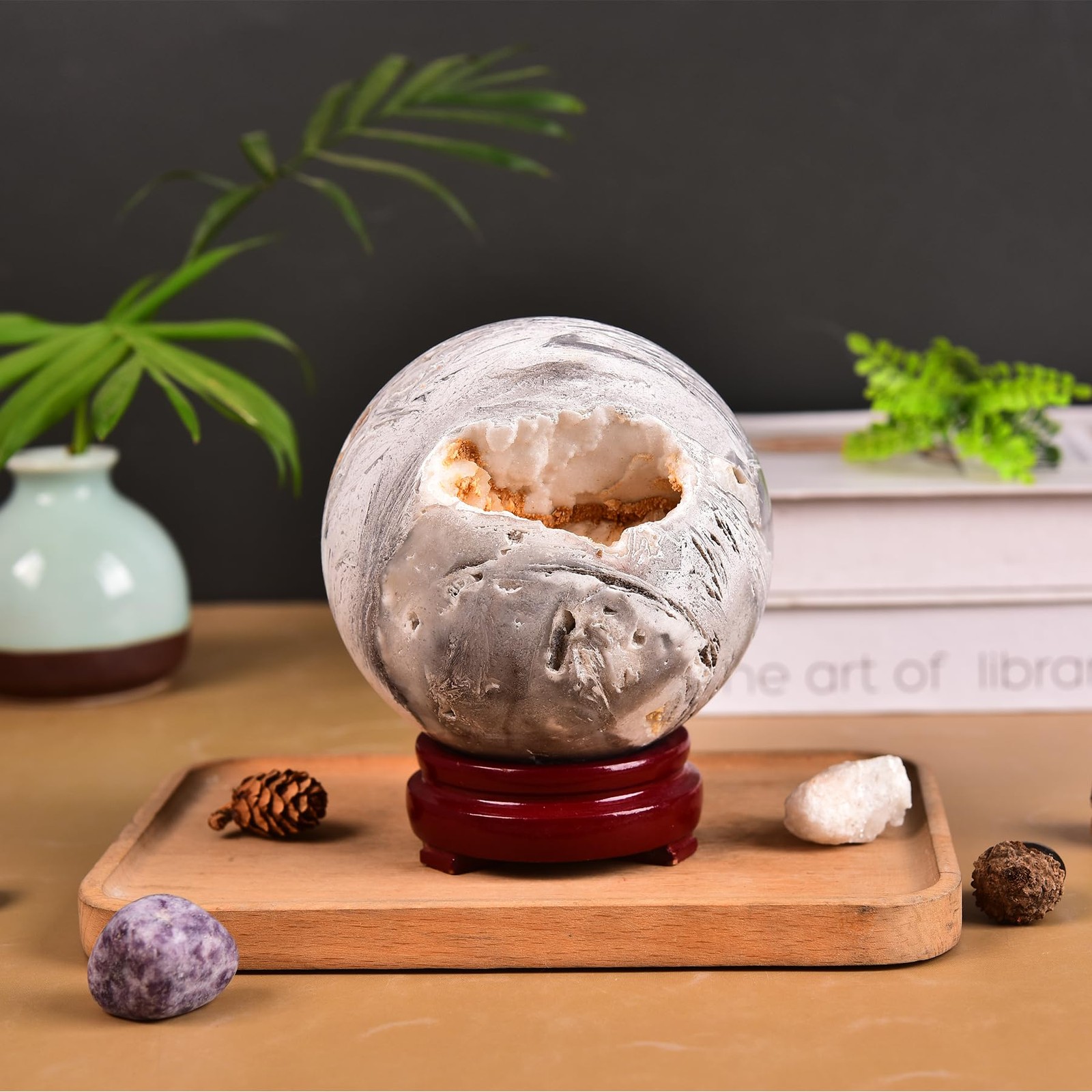 JIC Gem Mexican White Agate Crystal Sphere Ball with Wooden Stand 90-100mm