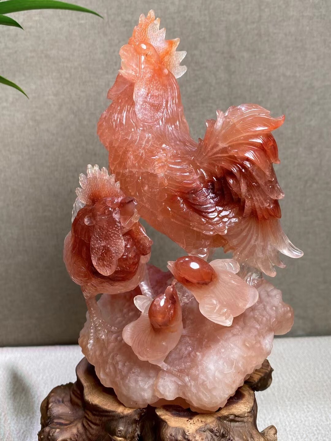 2020g natural Red rabbit hair Rooster skull quartz crystal carved reiki +stand