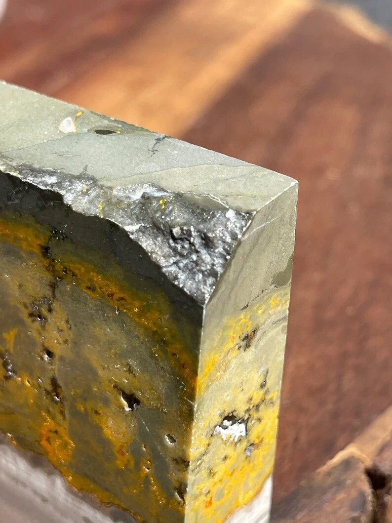 Natural Bumblebee Jasper Slab With Raw Edge Lapidary Stone Yellow Grey Crystal
