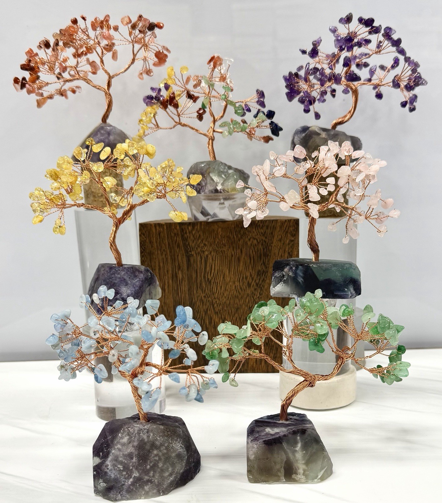 Wholesale 7 Pcs Bonsai Tree With Fluorite Base Copper Wire Natural Crystal