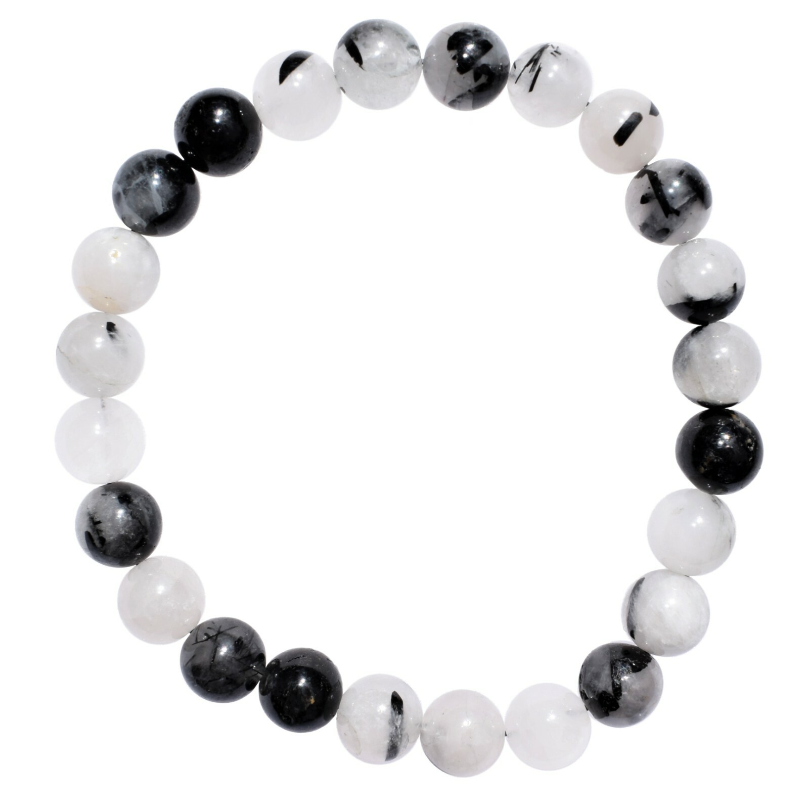 Charged Black Tourmalinated Quartz Crystal 8mm Bracelet + Selenite Puffy Heart