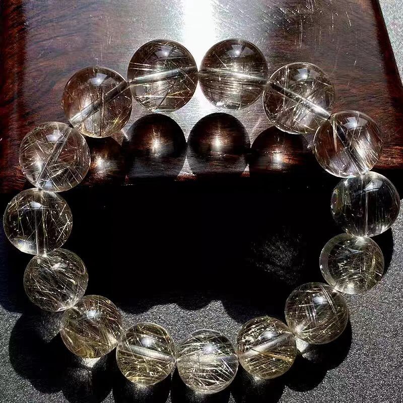 Natural Silver Rutilated Quartz Crystal Round Beads Bracelet 15mm AAA