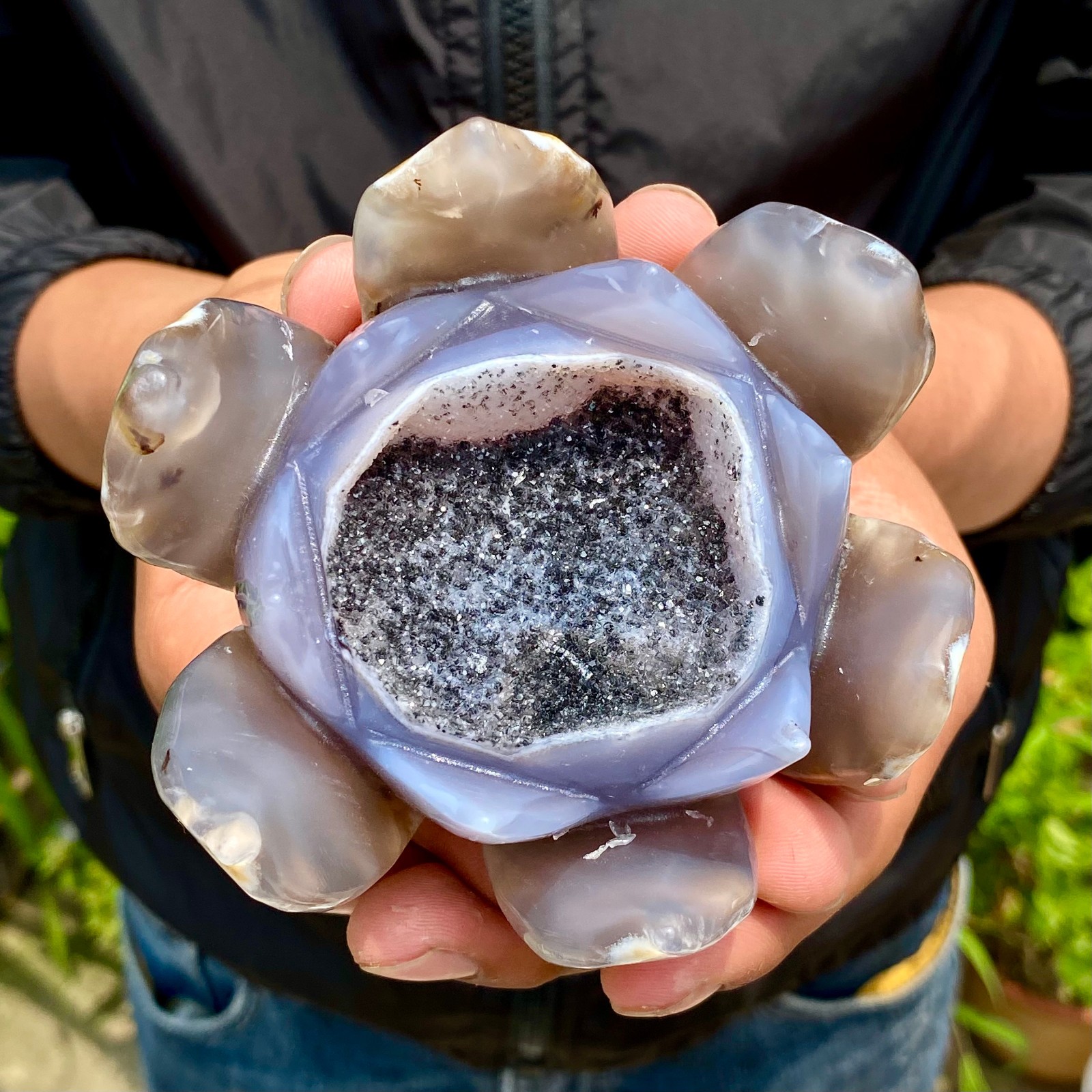 409G Natural Agate Geode Carved Lotus Flower, Hand Carved Healing Crystal Home