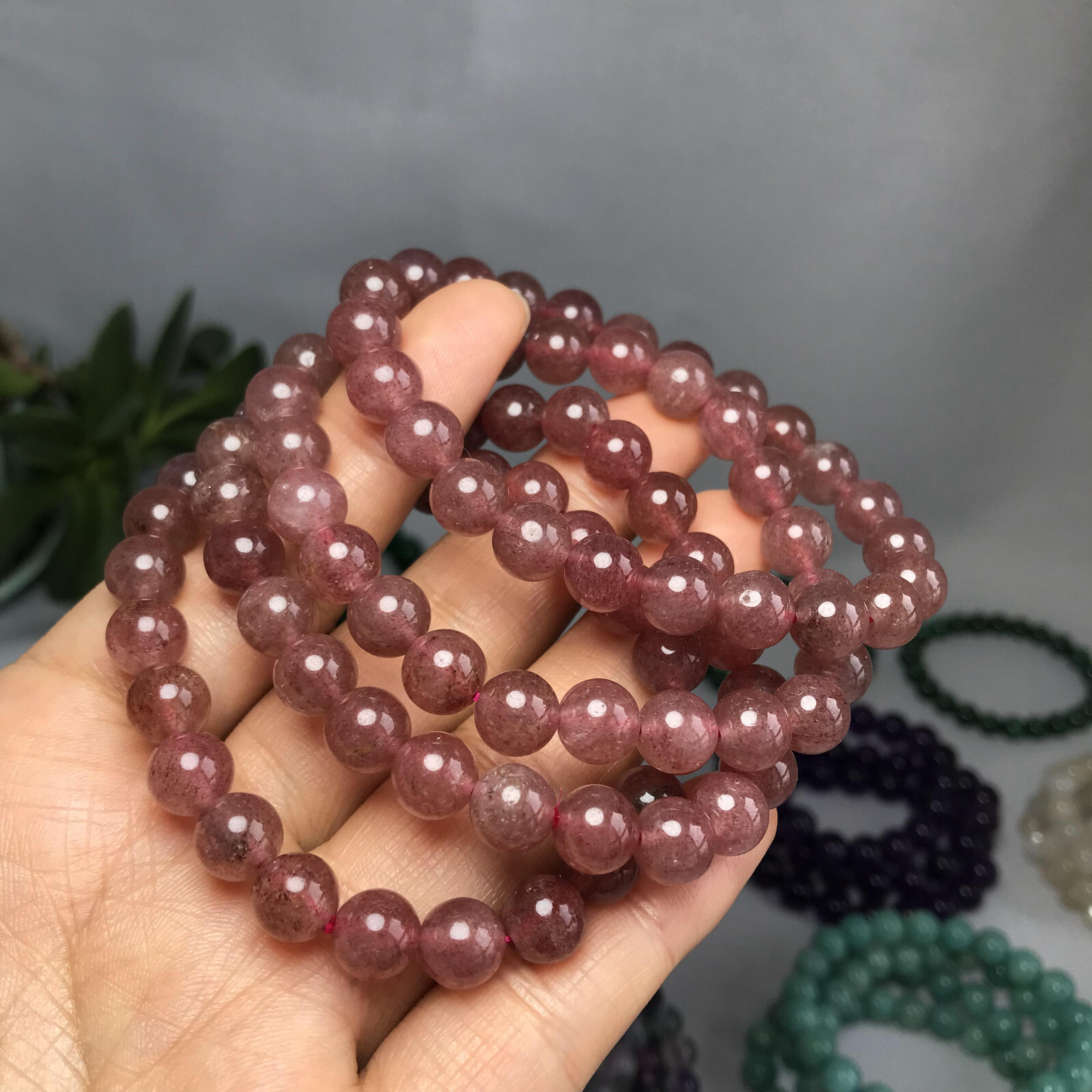 5pcs wholesale Natural Strawberry Quartz Crystal chain beads bracelet 8mm
