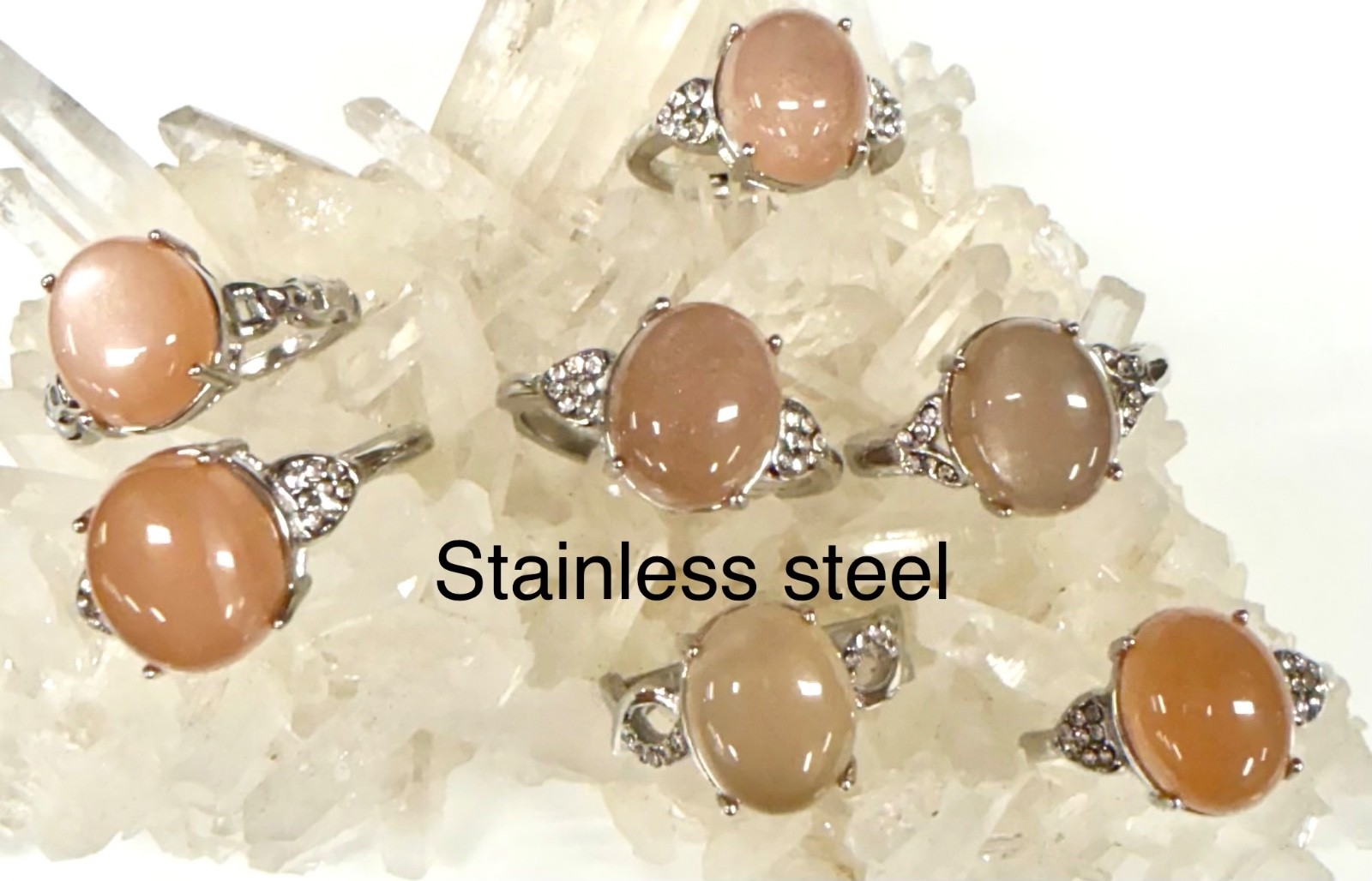 Wholesale 7 Pcs Natural Peach Moonstone Sunstone Stainless Steel Rings 10x12mm