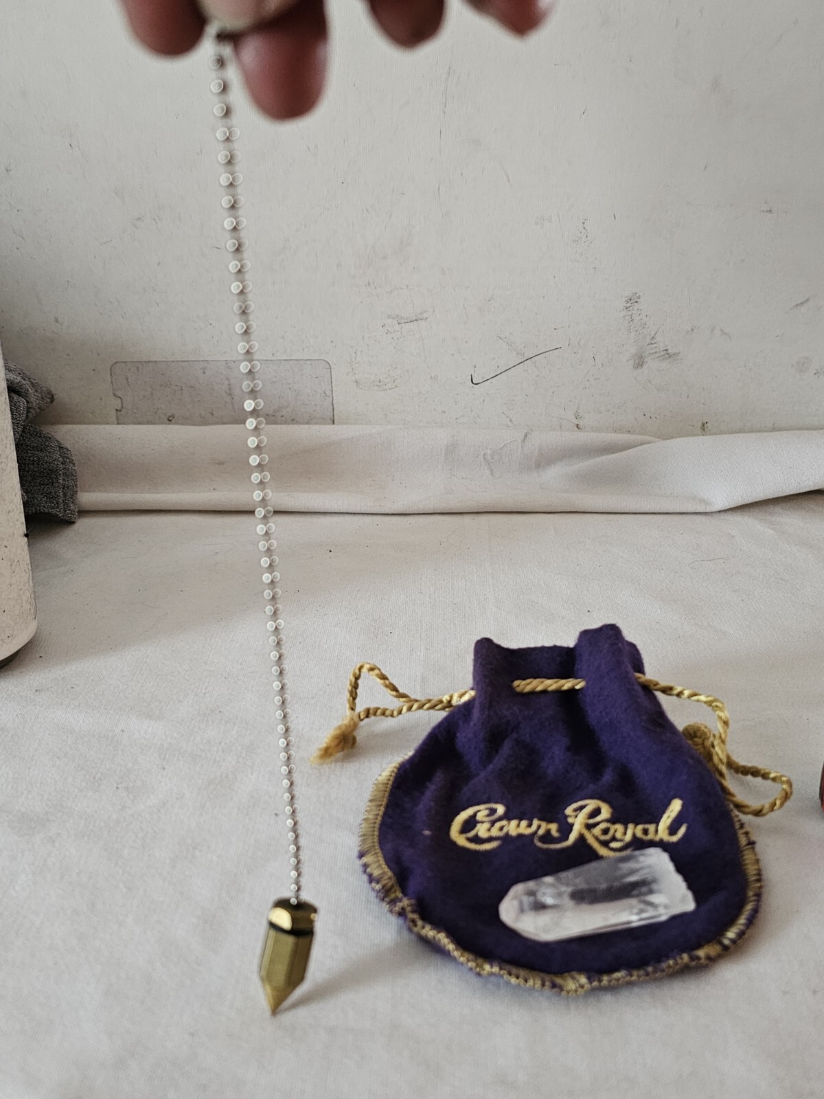 Natural Clear Quartz, Metal Pendulum pendant Royal Crown Felt Purple Pouch