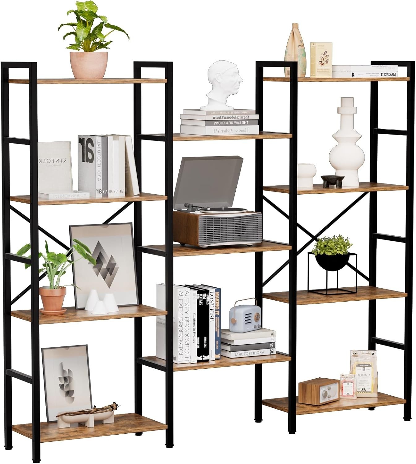 Triple 4 Tier Book Shelf, Modern Bookcase Shelf, Freestanding Large Display Shel