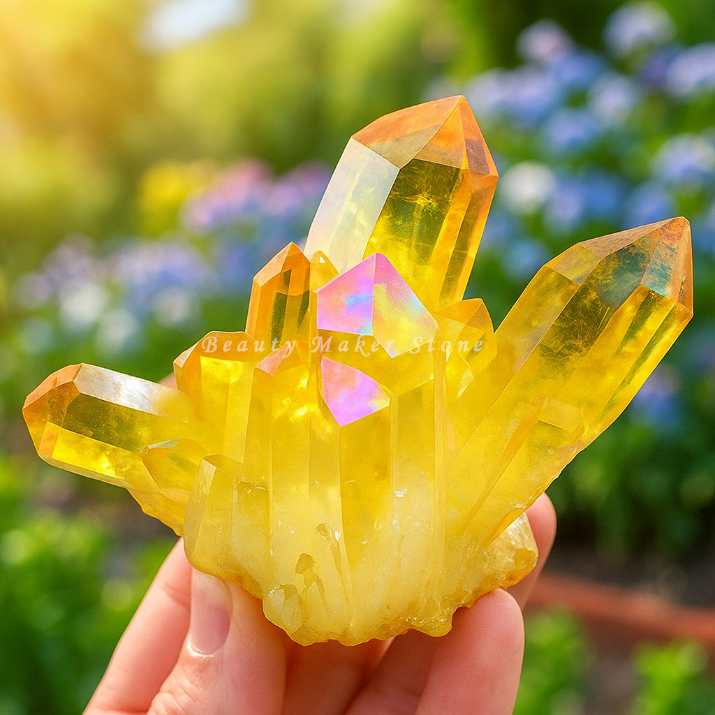 80-100g Aura Citrine Titanium Rainbow Crystal Cluster Geode Slice Home Decor