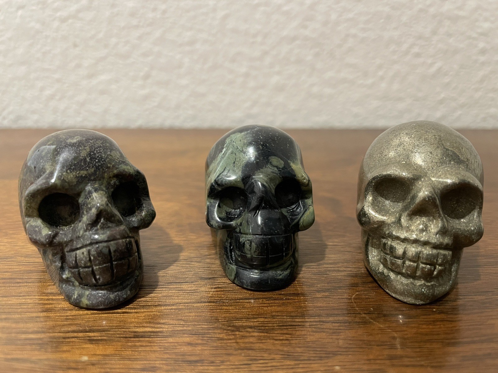 Lot Of (3) Crystal Skulls-Dragon Blood, Pyrite & Kambamba Jasper 2 Inch