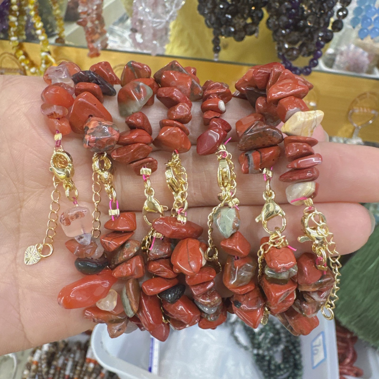 6 Pcs Natural Red Jasper Quartz Crystal Chip Bead Bracelet Chain Adjustable