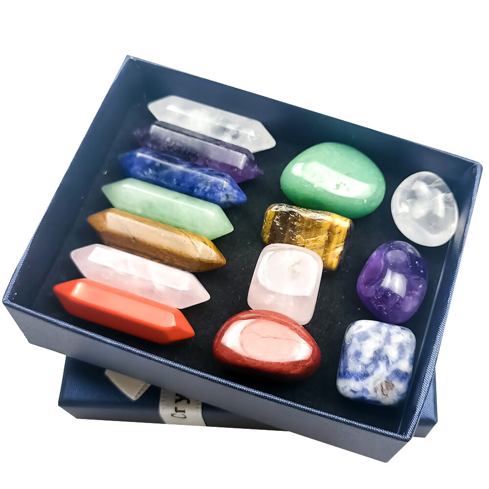 14PCS Natural Crystals and Healing Stones Set Raw Chakra Stones wands gift kit