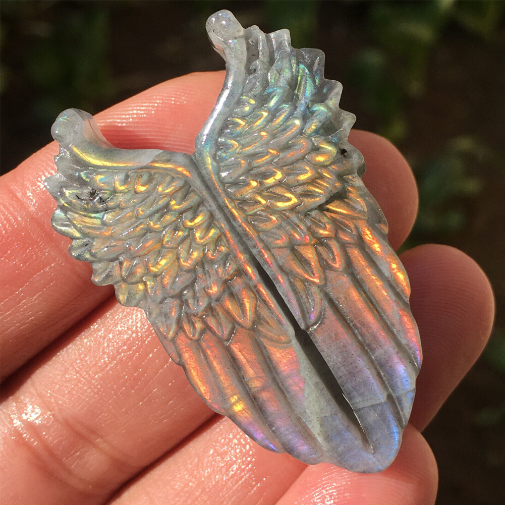 1PCS Natural Purple Labradorite Quartz Hand carved Wing Crystal Reiki healing##