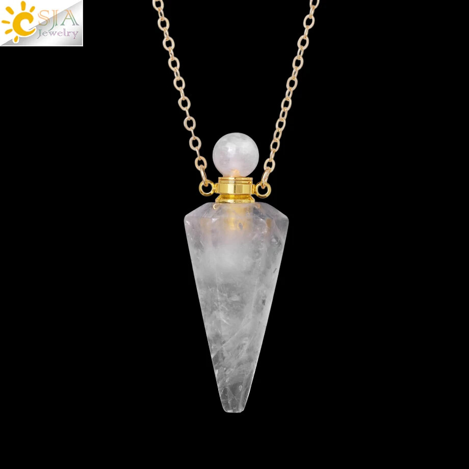Natural Stone Cone Perfume Bottle necklace Healing Clear Quartz Crystal Pendant