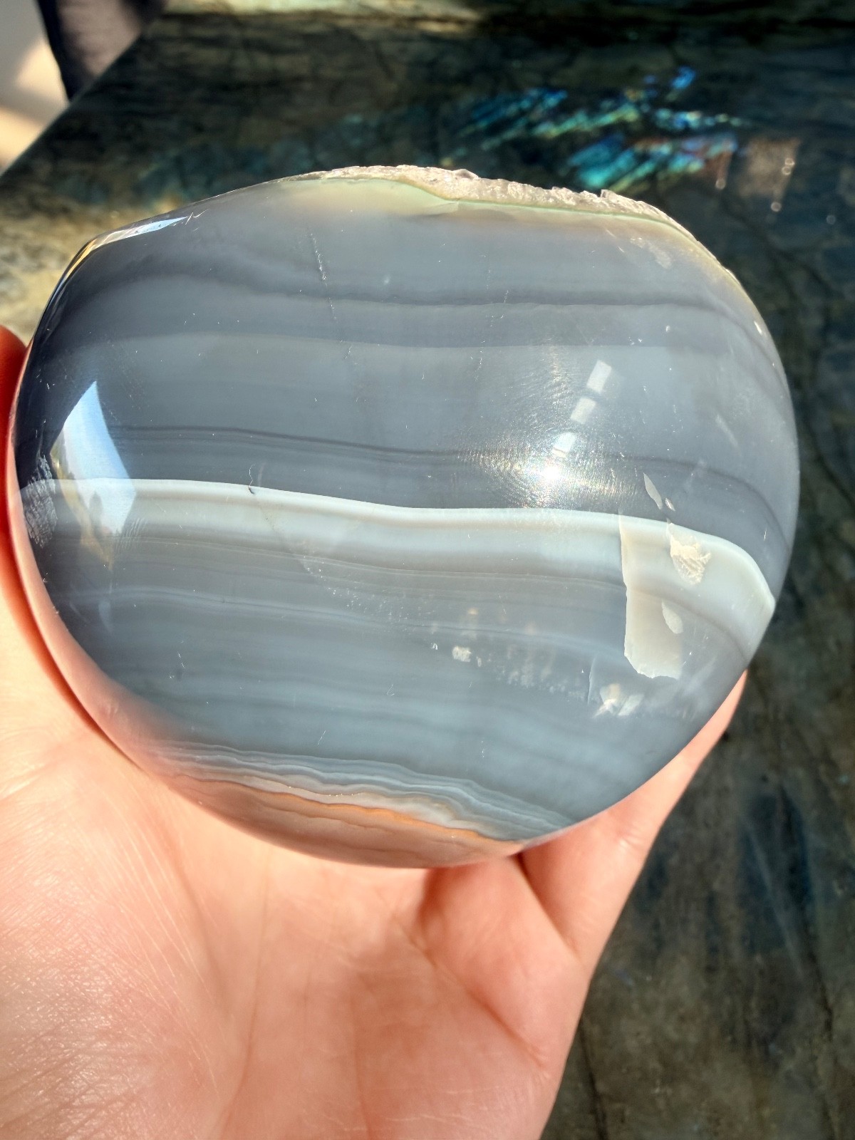 Druzy Green Rainbow Amethyst Sphere with Blue Agate Banding From Uruguay, 4.07″