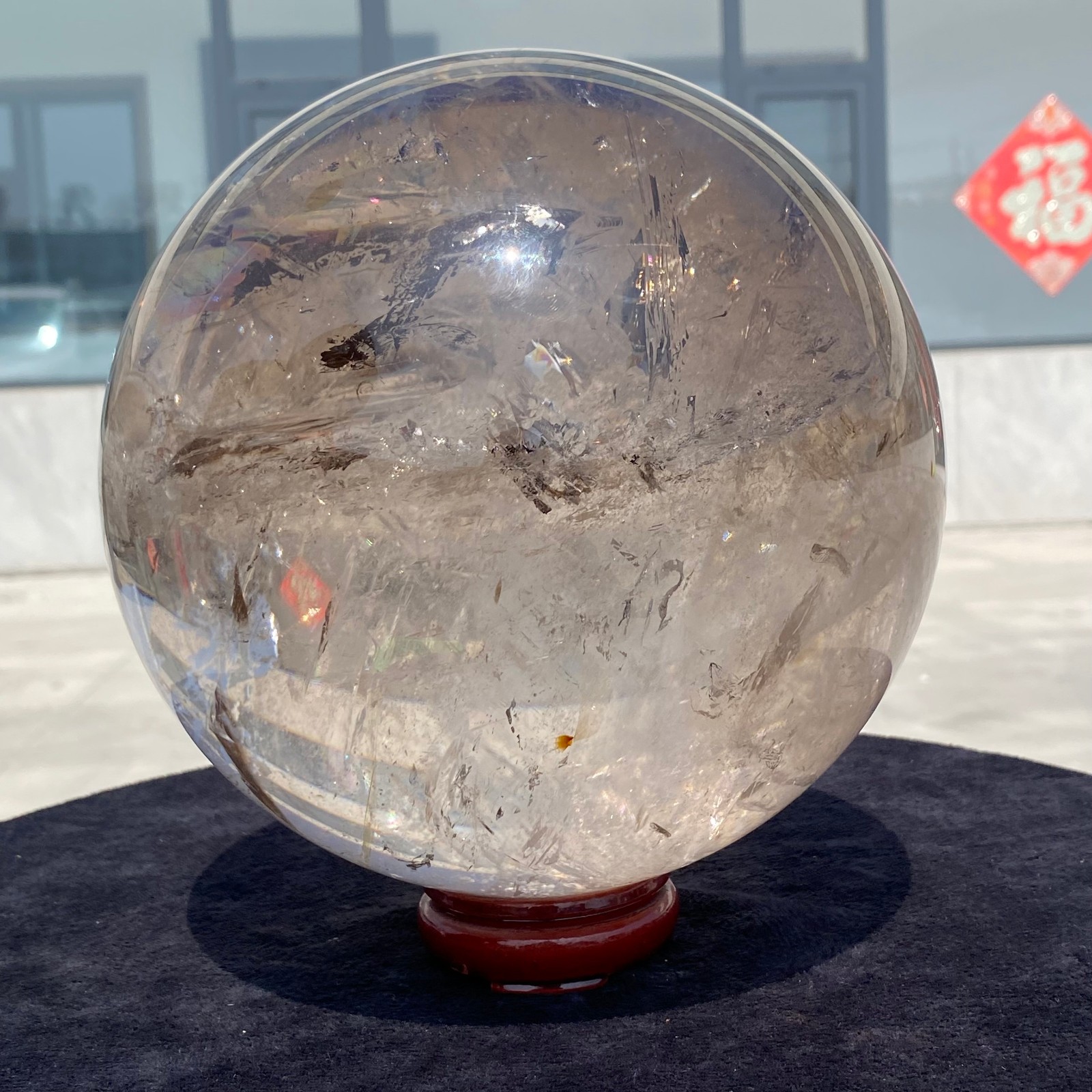 23LB Natural Rainbow Green Ghost Quartz Sphere Energy Crystal Ball Reiki +Stand